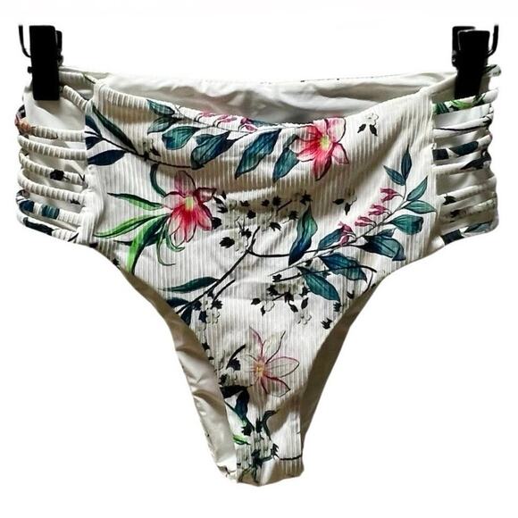 New Tini Bikini High Waisted Floral Print Bottom Side Cutouts Size Medium - Picture 1 of 4